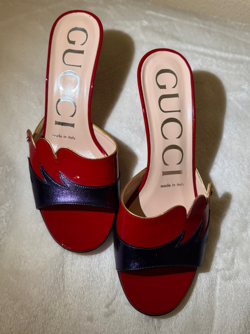 Gucci Red and Purple Patent Leather with gold trim Flame Mules